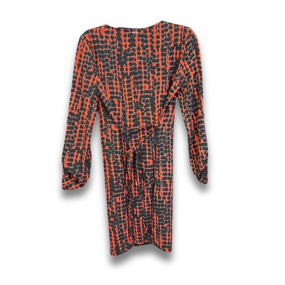Deca Paris XS Longsleeve Red & Black Printed Dress Wrap Style - Picture 2 of 6